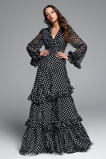 Noir Blanc Point Une Ligne Robe Longue Formulée à Volants Avec Manches